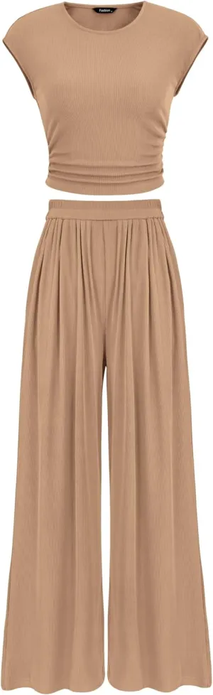 PRETTYGARDEN Women's Summer 2 Piece Outfits 2025 Cap Sleeve Ruched Slim T Shirt Ribbed Knit Wide Leg Pant Sets Tracksuit