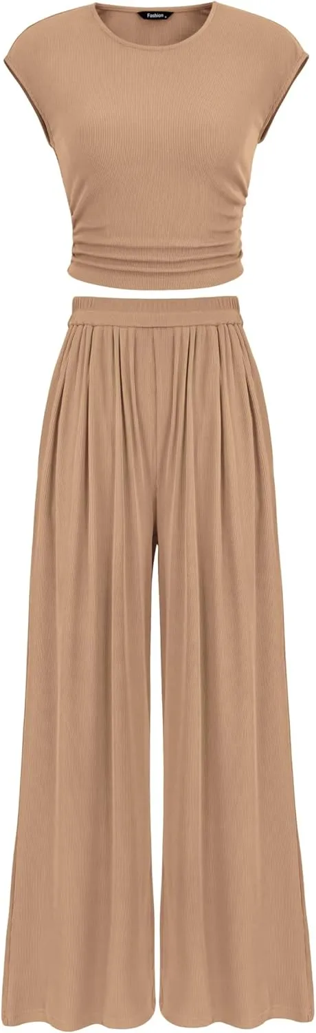 PRETTYGARDEN Women's Summer 2 Piece Outfits 2025 Cap Sleeve Ruched Slim T Shirt Ribbed Knit Wide Leg Pant Sets Tracksuit