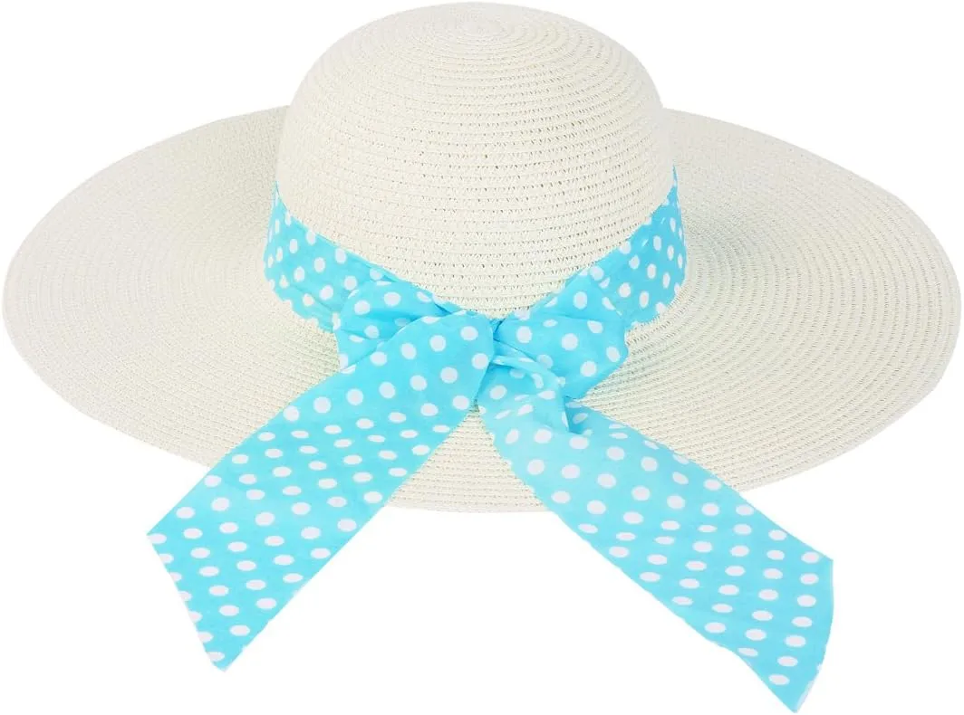 Princess Polka Dot Bow Natural Floppy Wide Brim Straw Beach Sun Hat -Diff Colors