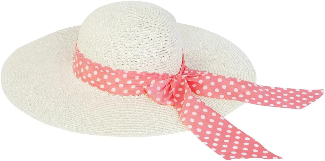 Princess Polka Dot Bow Natural Floppy Wide Brim Straw Beach Sun Hat -Diff Colors