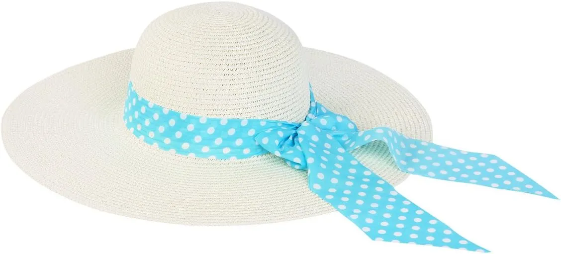 Princess Polka Dot Bow Natural Floppy Wide Brim Straw Beach Sun Hat -Diff Colors