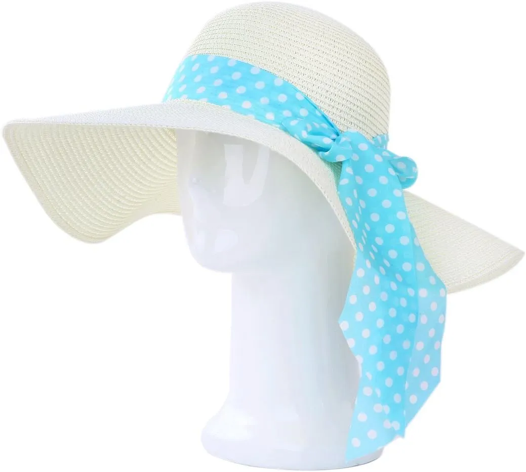 Princess Polka Dot Bow Natural Floppy Wide Brim Straw Beach Sun Hat -Diff Colors