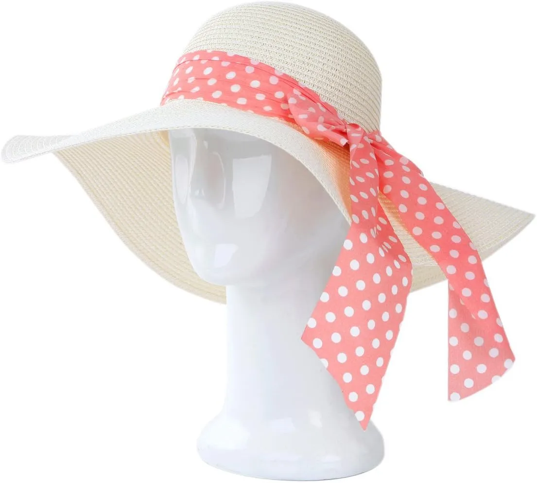 Princess Polka Dot Bow Natural Floppy Wide Brim Straw Beach Sun Hat -Diff Colors