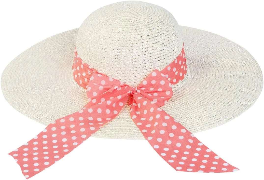 Princess Polka Dot Bow Natural Floppy Wide Brim Straw Beach Sun Hat -Diff Colors