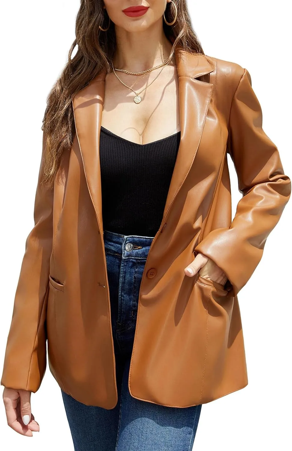RISISSIDA Women Faux Leather Blazer Jackets/Shacket for Spring and Fall Fashion, Vegan Leather Button Down Coats