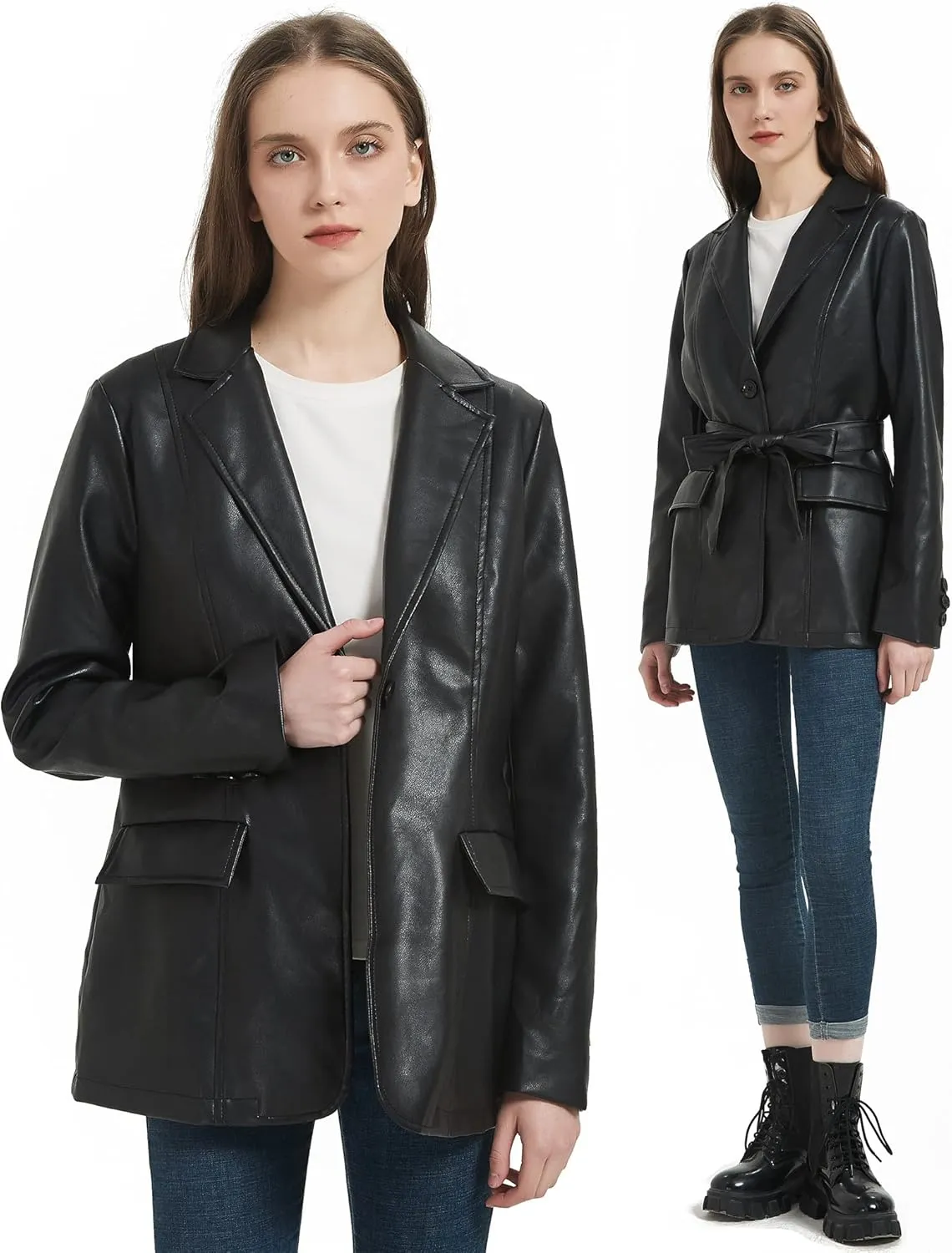 RISISSIDA Women Faux Leather Blazer Jackets/Shacket for Spring and Fall Fashion, Vegan Leather Button Down Coats