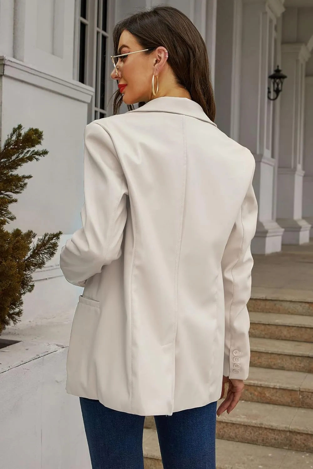 RISISSIDA Women Faux Leather Blazer Jackets/Shacket for Spring and Fall Fashion, Vegan Leather Button Down Coats
