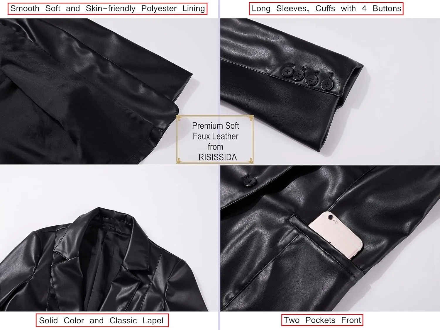 RISISSIDA Women Faux Leather Blazer Jackets/Shacket for Spring and Fall Fashion, Vegan Leather Button Down Coats