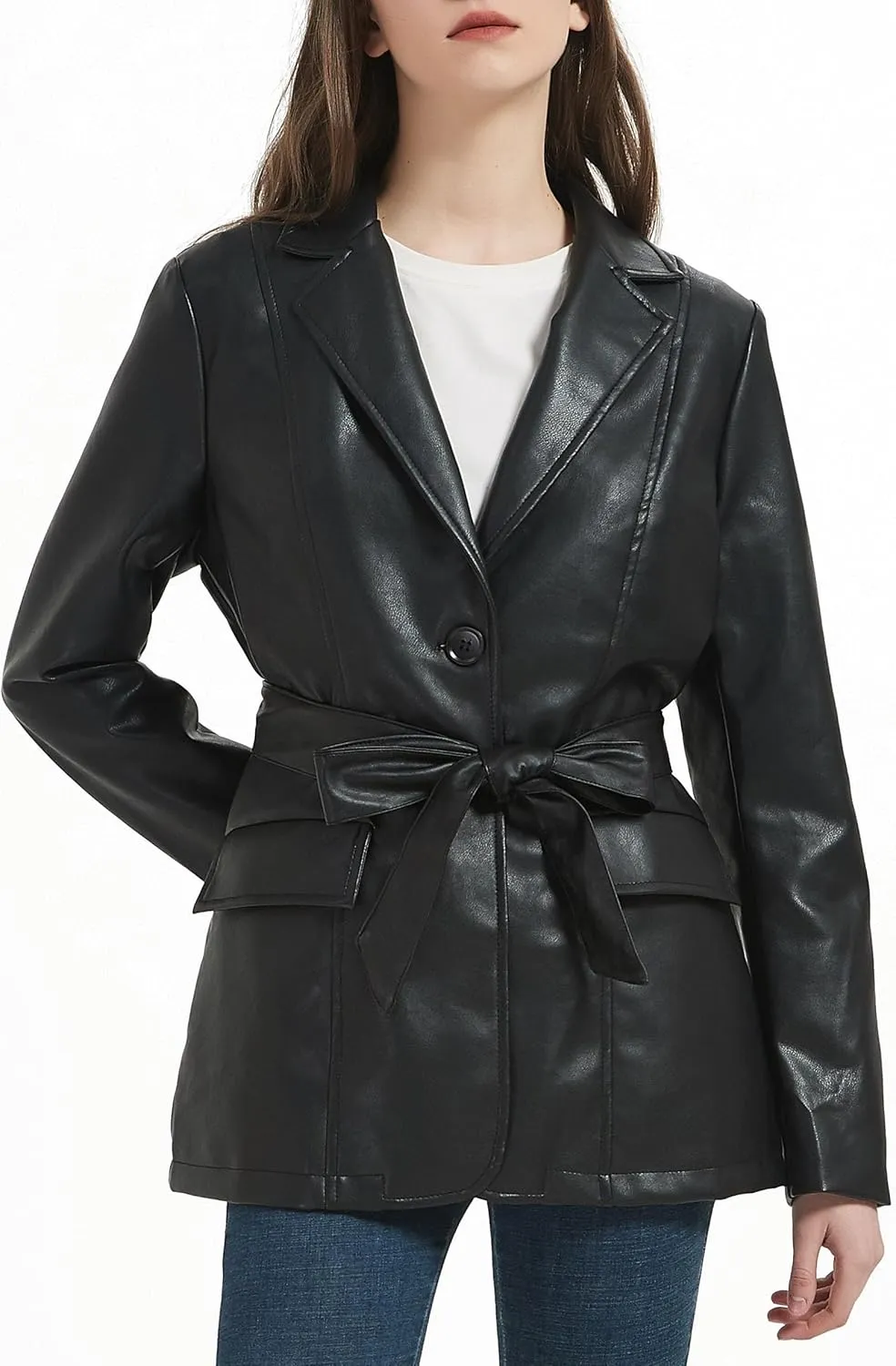 RISISSIDA Women Faux Leather Blazer Jackets/Shacket for Spring and Fall Fashion, Vegan Leather Button Down Coats