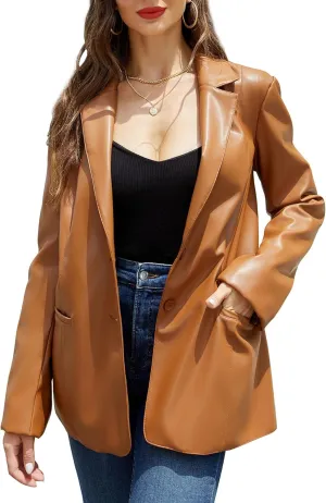 RISISSIDA Women Faux Leather Blazer Jackets/Shacket for Spring and Fall Fashion, Vegan Leather Button Down Coats