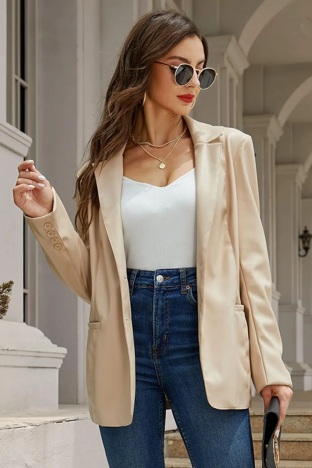 RISISSIDA Women Faux Leather Blazer Jackets/Shacket for Spring and Fall Fashion, Vegan Leather Button Down Coats