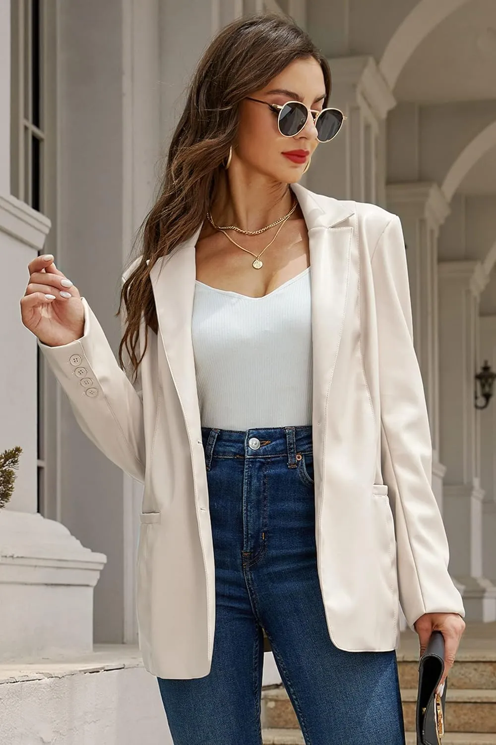 RISISSIDA Women Faux Leather Blazer Jackets/Shacket for Spring and Fall Fashion, Vegan Leather Button Down Coats