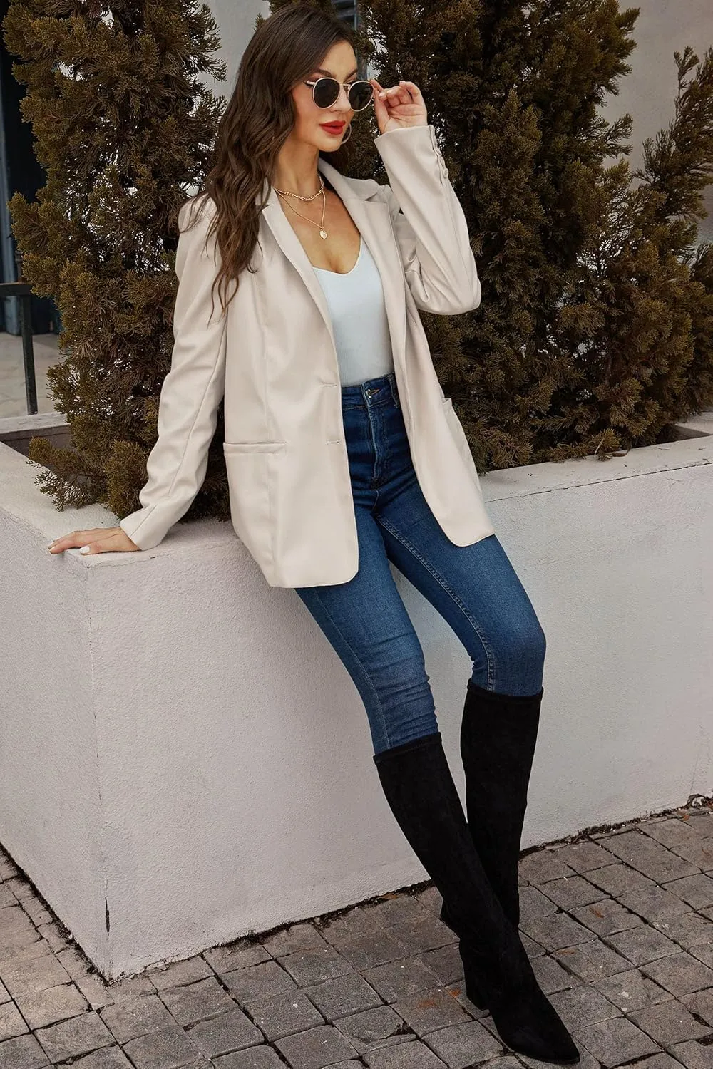 RISISSIDA Women Faux Leather Blazer Jackets/Shacket for Spring and Fall Fashion, Vegan Leather Button Down Coats
