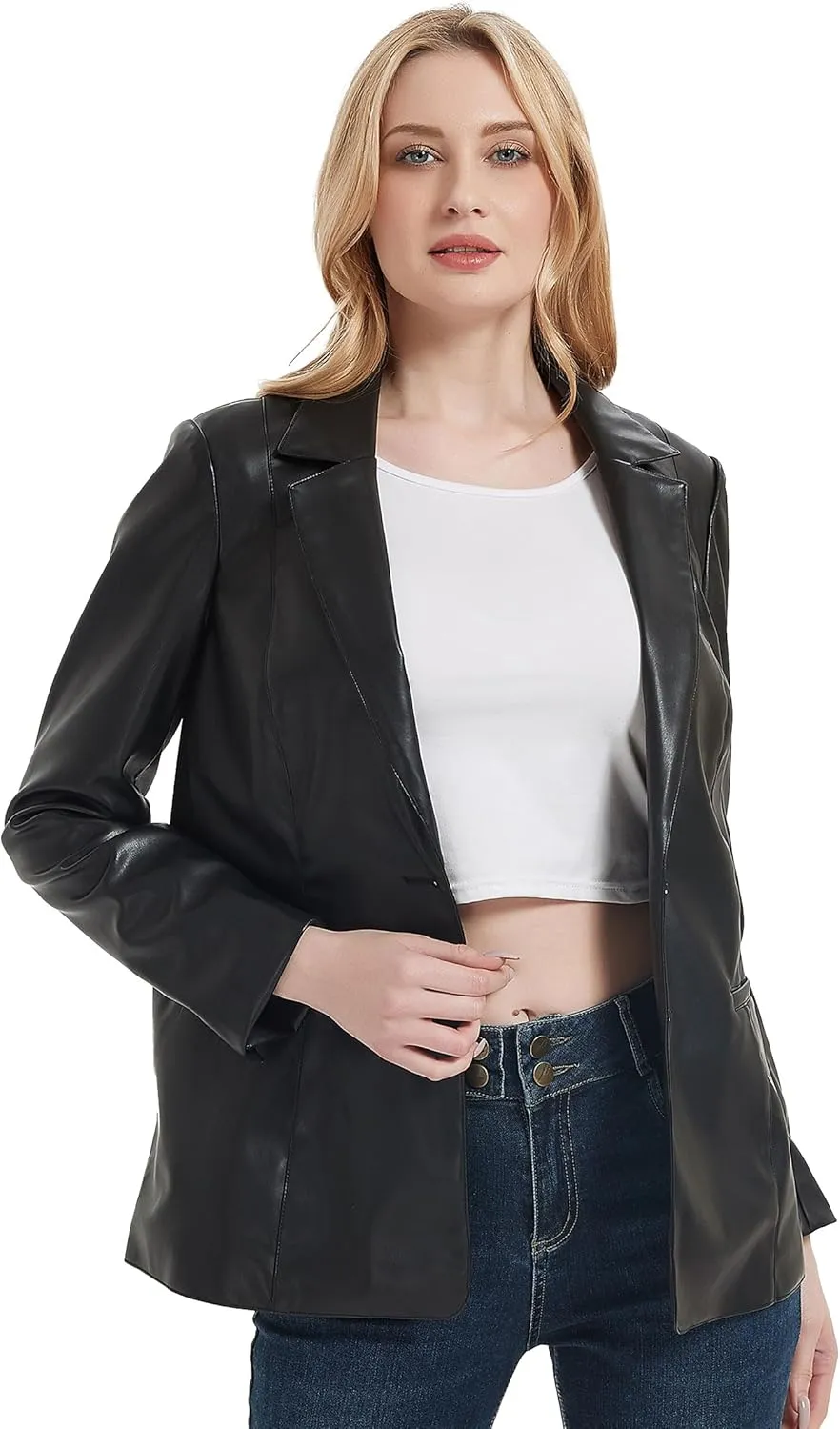 RISISSIDA Women Faux Leather Blazer Jackets/Shacket for Spring and Fall Fashion, Vegan Leather Button Down Coats