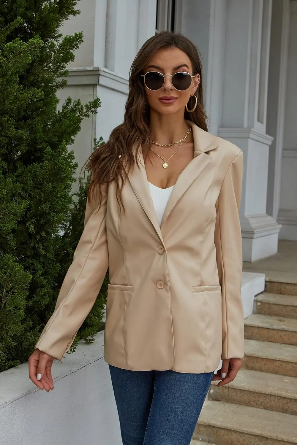 RISISSIDA Women Faux Leather Blazer Jackets/Shacket for Spring and Fall Fashion, Vegan Leather Button Down Coats