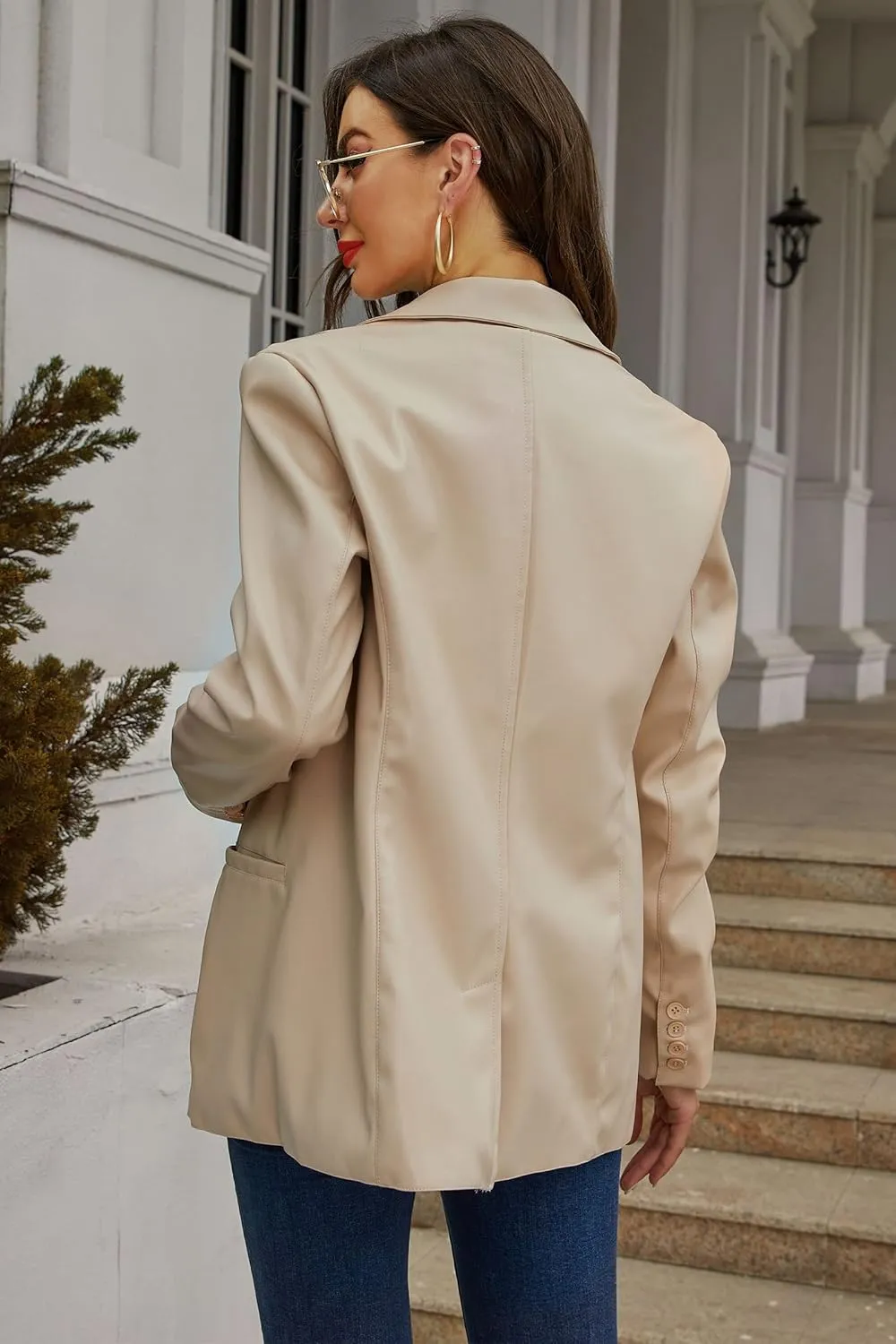 RISISSIDA Women Faux Leather Blazer Jackets/Shacket for Spring and Fall Fashion, Vegan Leather Button Down Coats