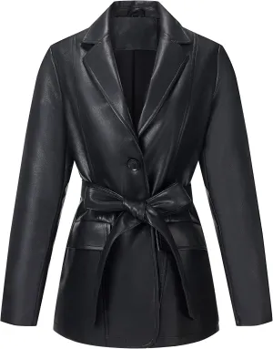 RISISSIDA Women Faux Leather Blazer Jackets/Shacket for Spring and Fall Fashion, Vegan Leather Button Down Coats