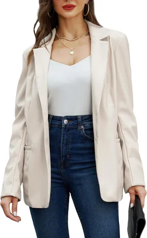 RISISSIDA Women Faux Leather Blazer Jackets/Shacket for Spring and Fall Fashion, Vegan Leather Button Down Coats