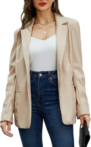 RISISSIDA Women Faux Leather Blazer Jackets/Shacket for Spring and Fall Fashion, Vegan Leather Button Down Coats