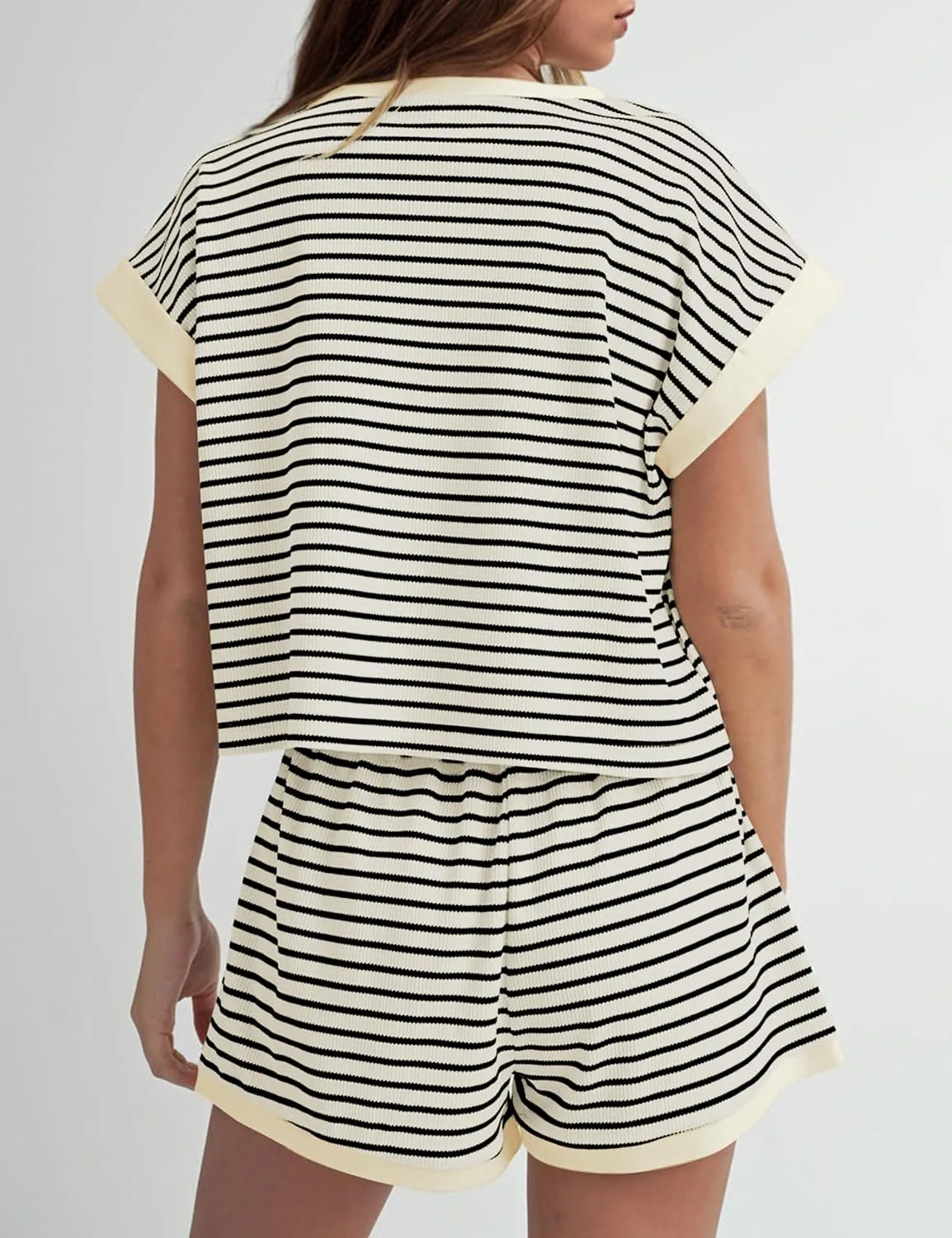 SAFRISIOR 2 Piece Knit Sets Women Summer Striped Lounge Short Sleeve Tee Shirts and Shorts Ribbed Matching Pajama Set
