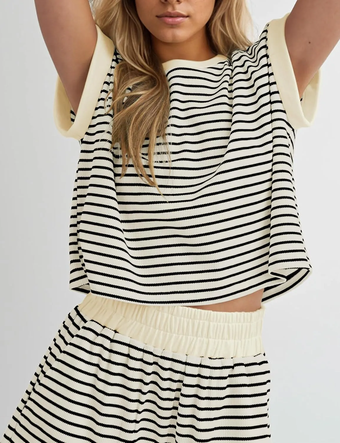 SAFRISIOR 2 Piece Knit Sets Women Summer Striped Lounge Short Sleeve Tee Shirts and Shorts Ribbed Matching Pajama Set