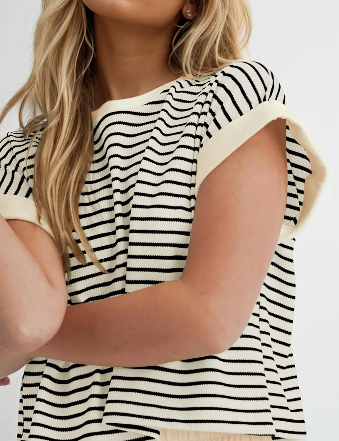 SAFRISIOR 2 Piece Knit Sets Women Summer Striped Lounge Short Sleeve Tee Shirts and Shorts Ribbed Matching Pajama Set