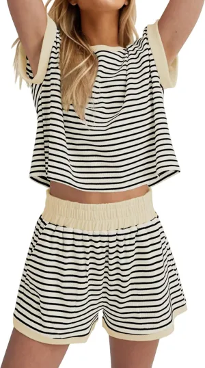SAFRISIOR 2 Piece Knit Sets Women Summer Striped Lounge Short Sleeve Tee Shirts and Shorts Ribbed Matching Pajama Set