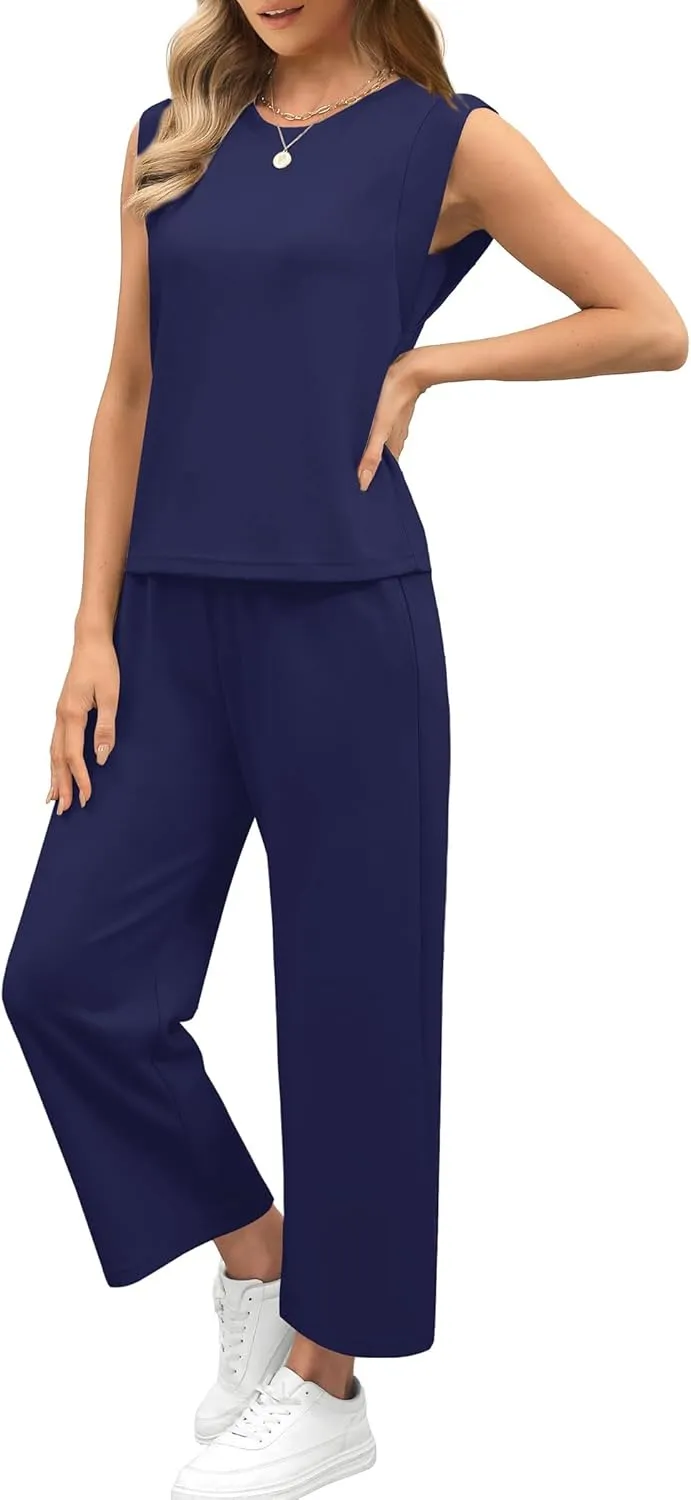SAMPEEL Two Piece Sets for Women Casual Travel Vacation Outfits Summer Wide Leg Crop Pants Lounge Sets