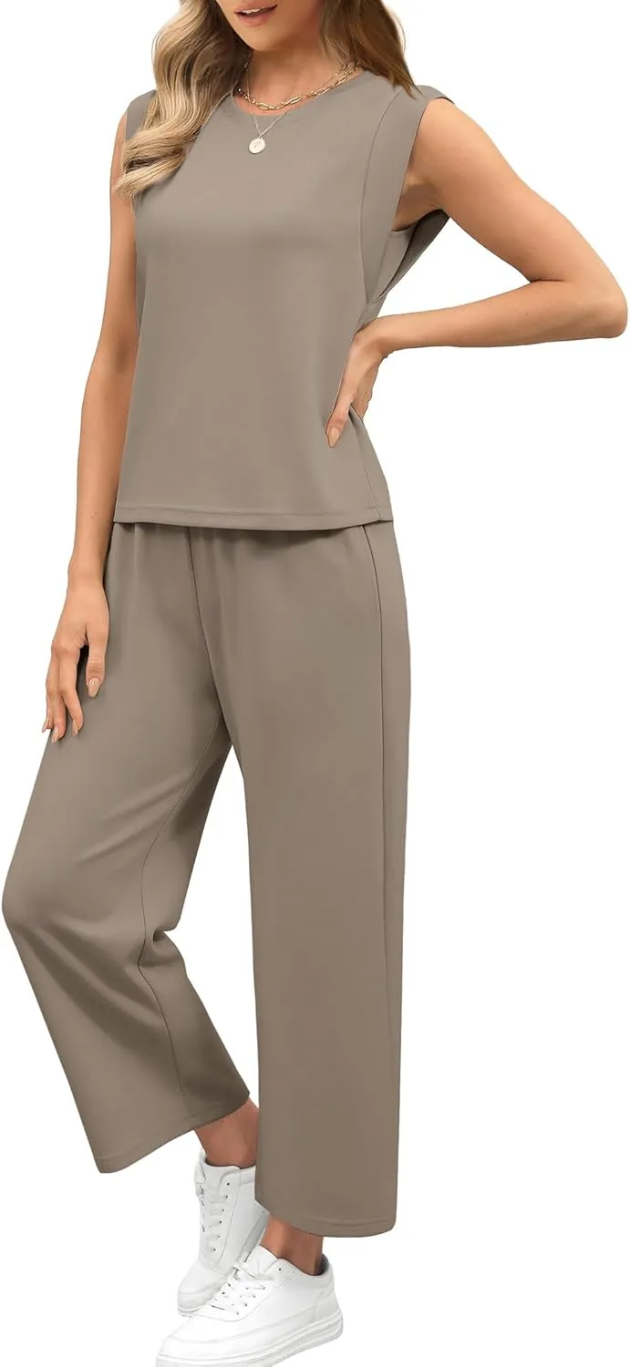 SAMPEEL Two Piece Sets for Women Casual Travel Vacation Outfits Summer Wide Leg Crop Pants Lounge Sets