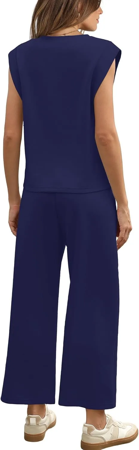 SAMPEEL Two Piece Sets for Women Casual Travel Vacation Outfits Summer Wide Leg Crop Pants Lounge Sets