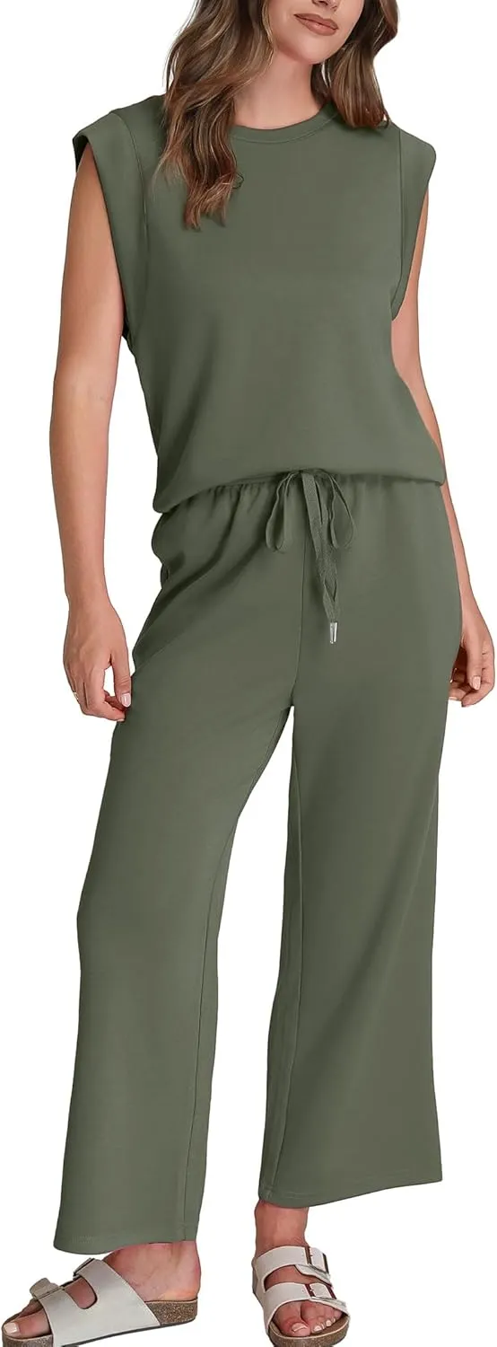SAMPEEL Two Piece Sets for Women Casual Travel Vacation Outfits Summer Wide Leg Crop Pants Lounge Sets