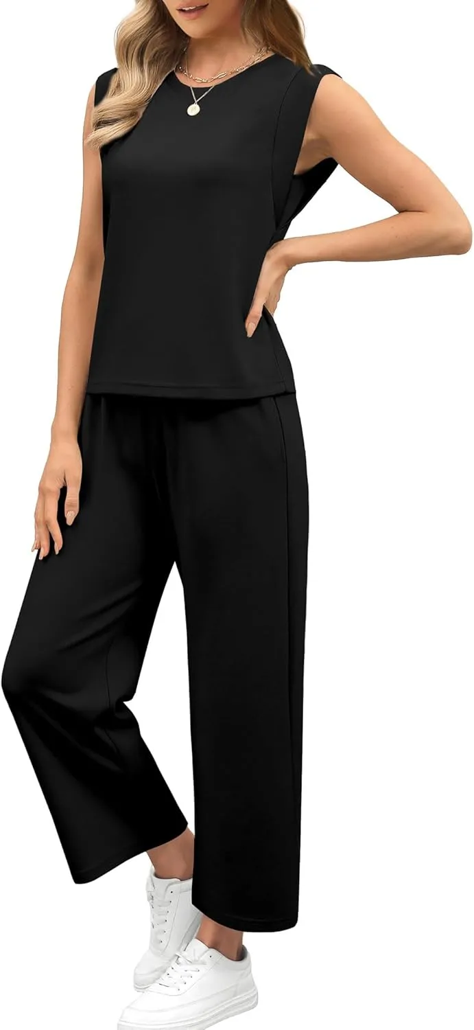 SAMPEEL Two Piece Sets for Women Casual Travel Vacation Outfits Summer Wide Leg Crop Pants Lounge Sets