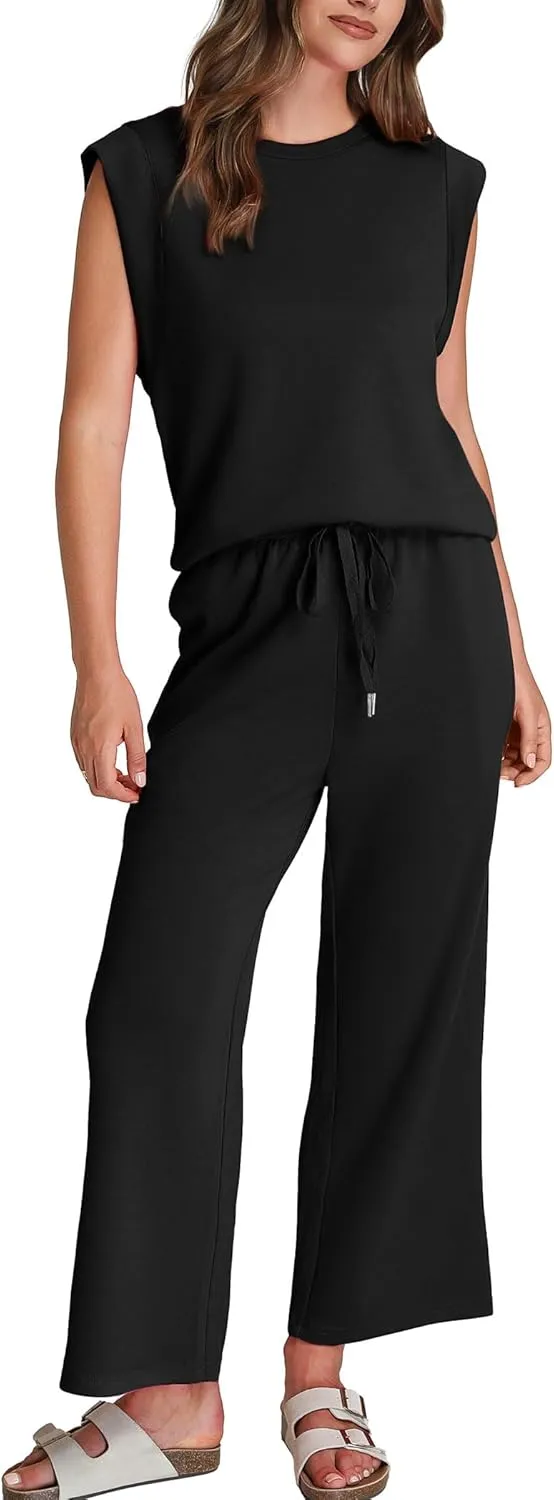 SAMPEEL Two Piece Sets for Women Casual Travel Vacation Outfits Summer Wide Leg Crop Pants Lounge Sets