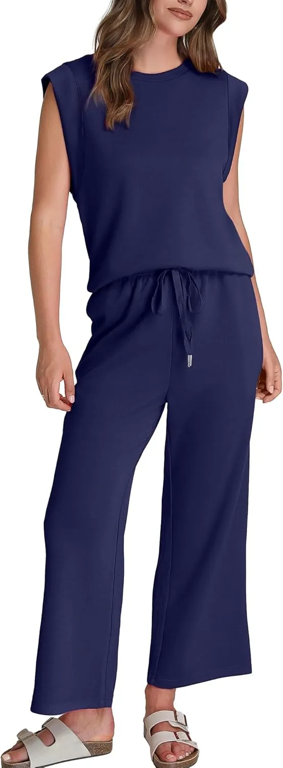 SAMPEEL Two Piece Sets for Women Casual Travel Vacation Outfits Summer Wide Leg Crop Pants Lounge Sets