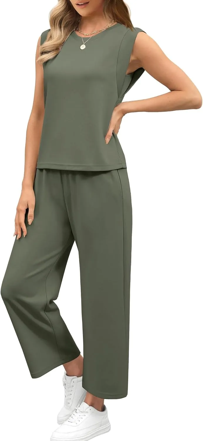 SAMPEEL Two Piece Sets for Women Casual Travel Vacation Outfits Summer Wide Leg Crop Pants Lounge Sets