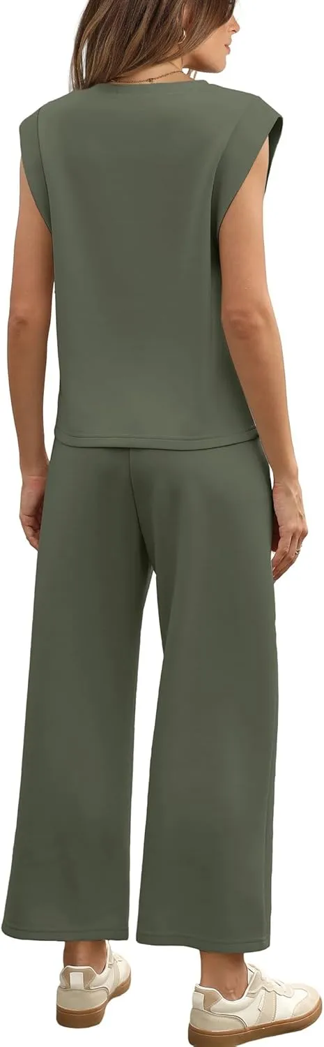 SAMPEEL Two Piece Sets for Women Casual Travel Vacation Outfits Summer Wide Leg Crop Pants Lounge Sets
