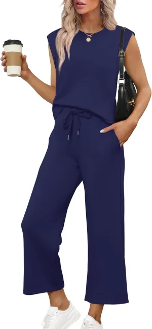 SAMPEEL Two Piece Sets for Women Casual Travel Vacation Outfits Summer Wide Leg Crop Pants Lounge Sets