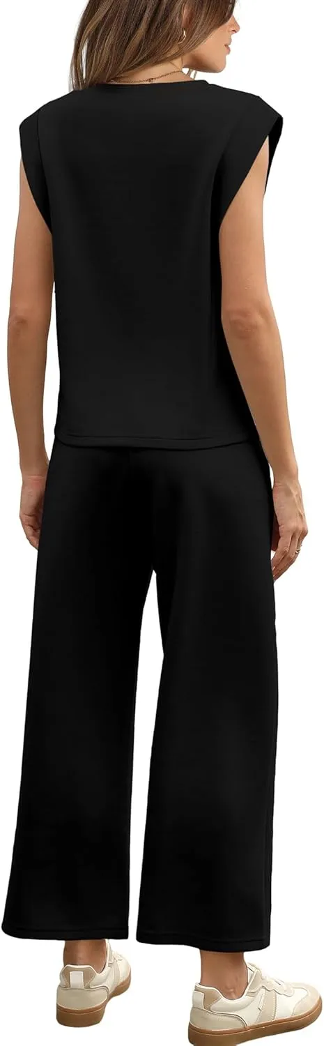 SAMPEEL Two Piece Sets for Women Casual Travel Vacation Outfits Summer Wide Leg Crop Pants Lounge Sets