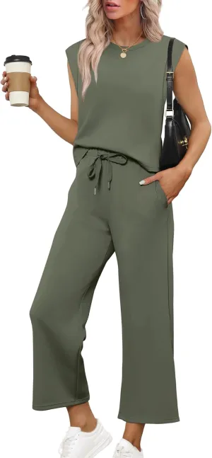 SAMPEEL Two Piece Sets for Women Casual Travel Vacation Outfits Summer Wide Leg Crop Pants Lounge Sets