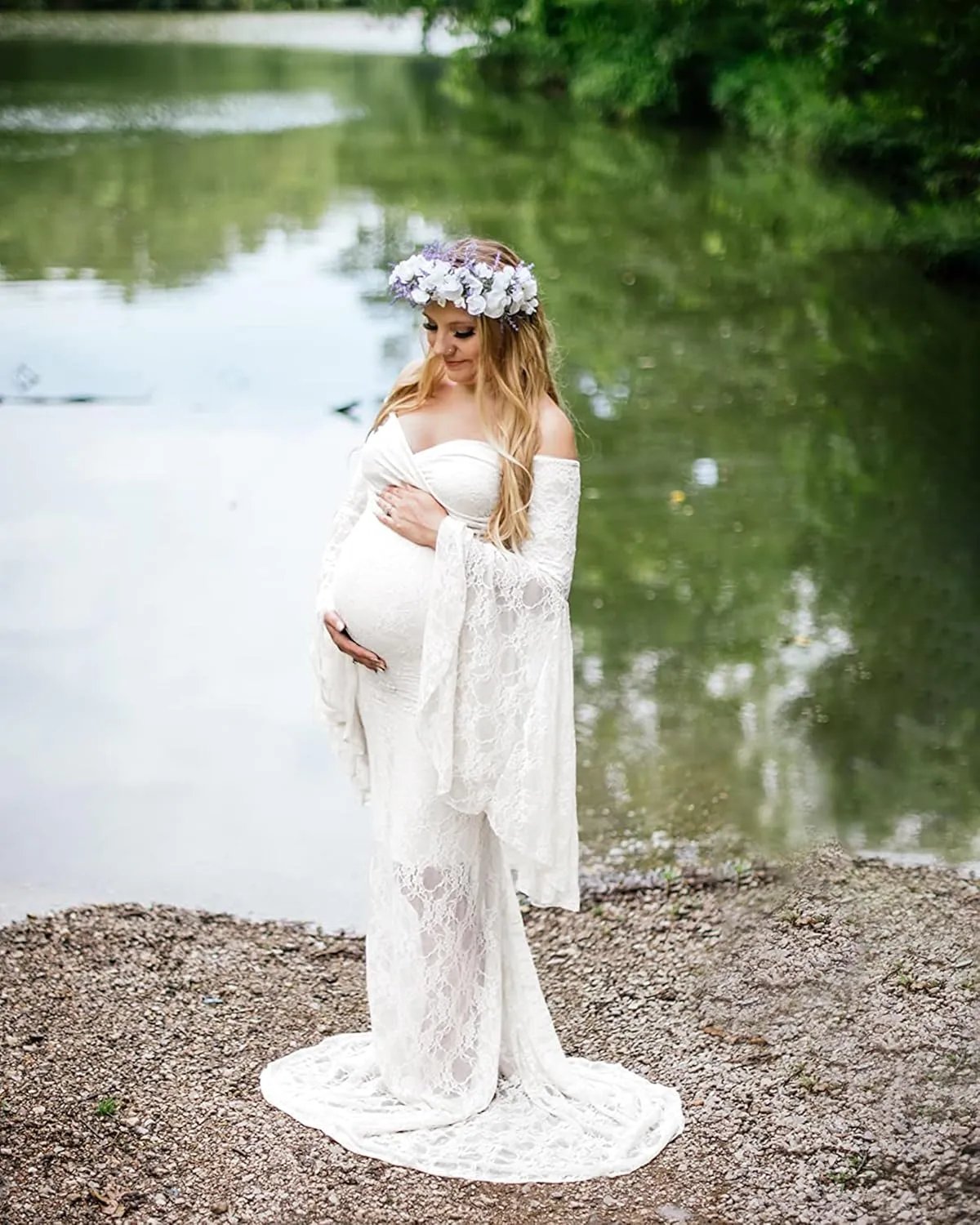 Saslax Off Shoulder Lace Maternity Dress for Photography Maxi Maternity Props Dresses for Photo Shoot Baby Shower