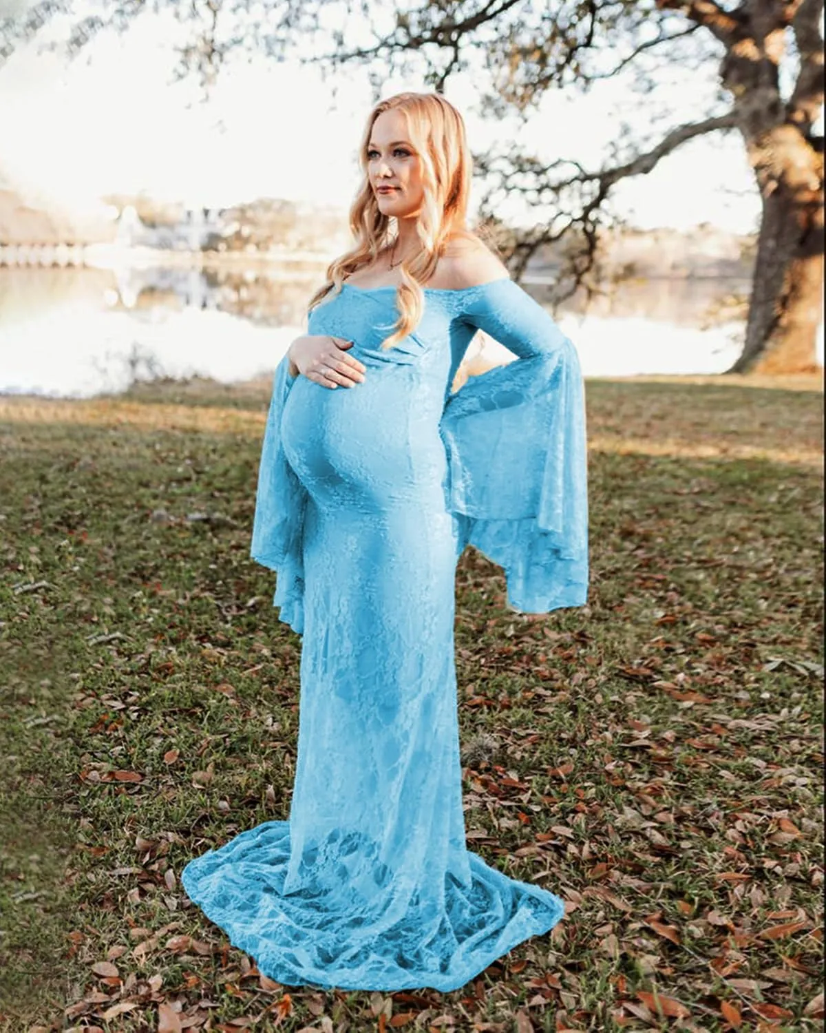 Saslax Off Shoulder Lace Maternity Dress for Photography Maxi Maternity Props Dresses for Photo Shoot Baby Shower