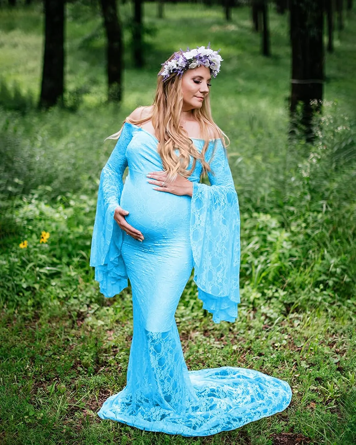 Saslax Off Shoulder Lace Maternity Dress for Photography Maxi Maternity Props Dresses for Photo Shoot Baby Shower