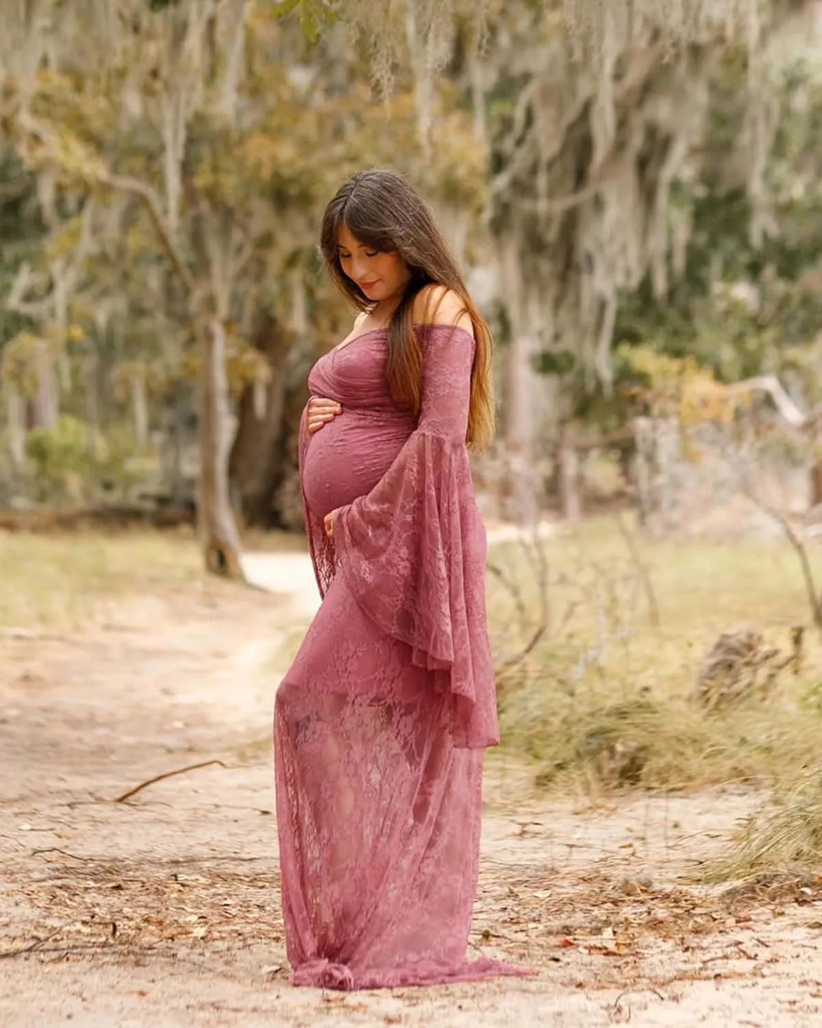 Saslax Off Shoulder Lace Maternity Dress for Photography Maxi Maternity Props Dresses for Photo Shoot Baby Shower