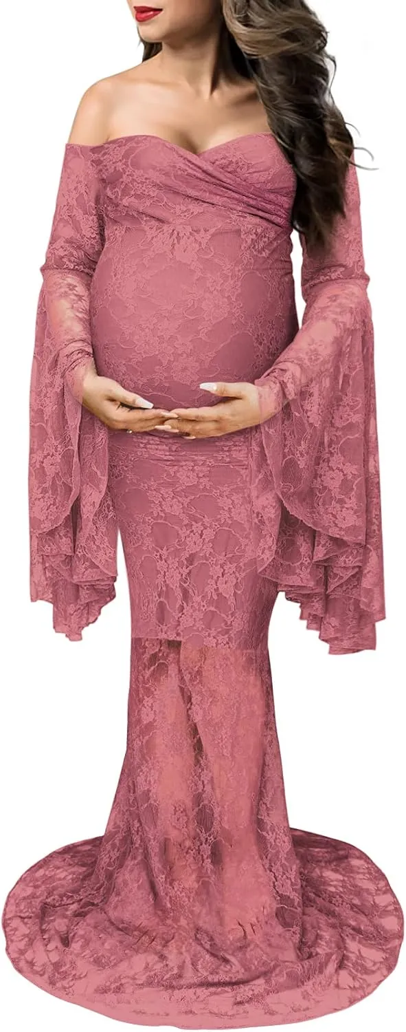 Saslax Off Shoulder Lace Maternity Dress for Photography Maxi Maternity Props Dresses for Photo Shoot Baby Shower