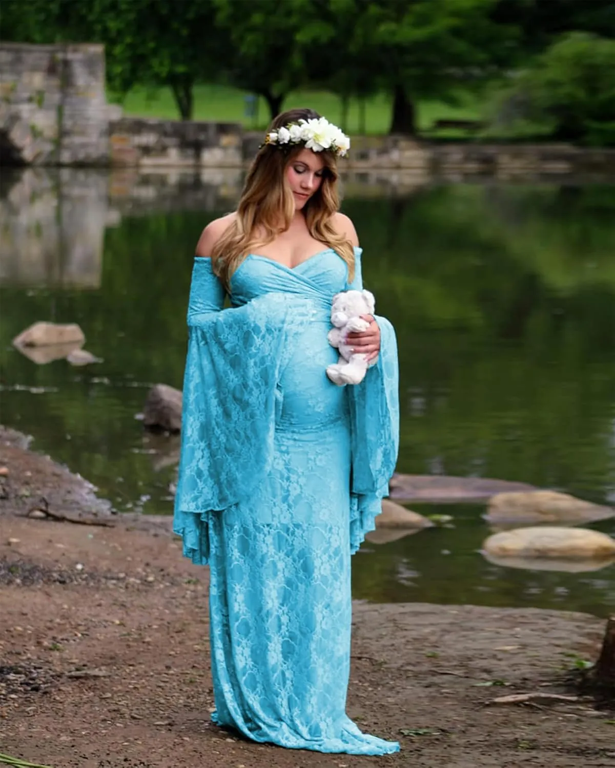 Saslax Off Shoulder Lace Maternity Dress for Photography Maxi Maternity Props Dresses for Photo Shoot Baby Shower