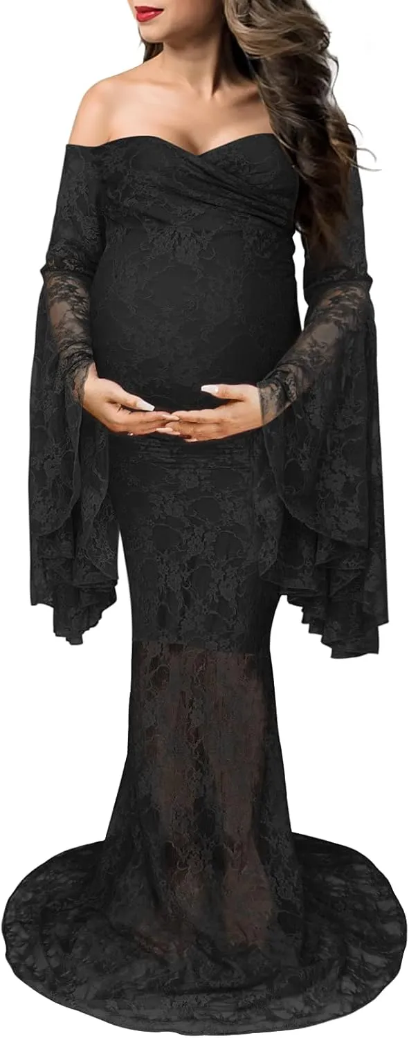 Saslax Off Shoulder Lace Maternity Dress for Photography Maxi Maternity Props Dresses for Photo Shoot Baby Shower