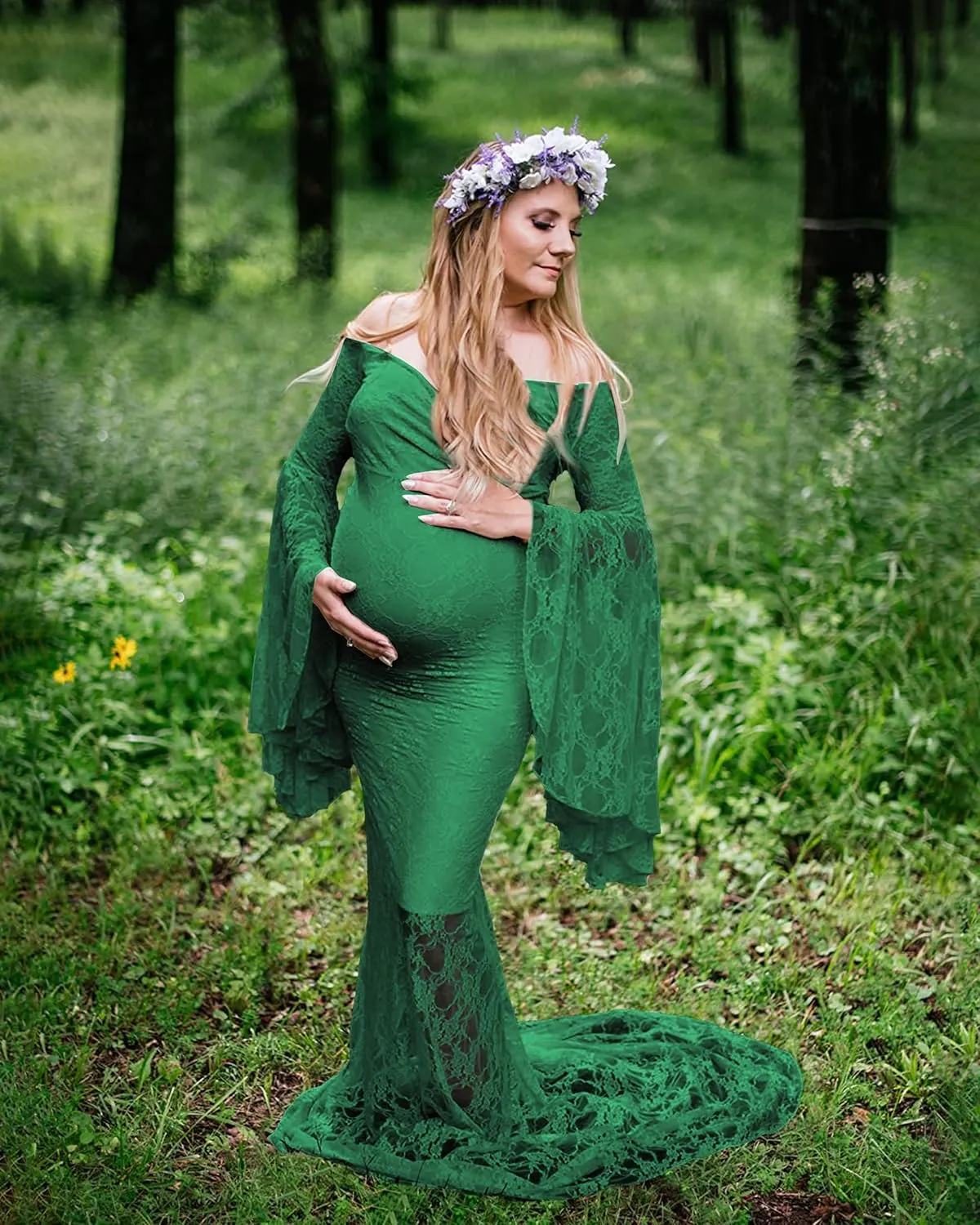 Saslax Off Shoulder Lace Maternity Dress for Photography Maxi Maternity Props Dresses for Photo Shoot Baby Shower