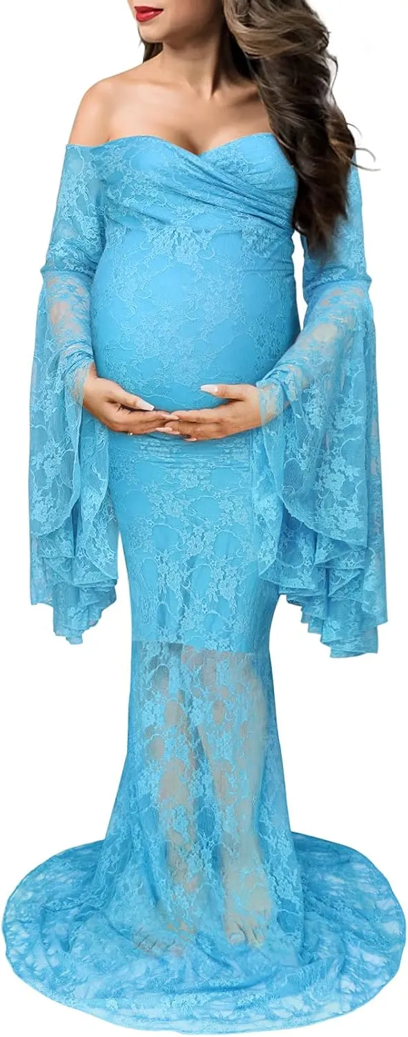 Saslax Off Shoulder Lace Maternity Dress for Photography Maxi Maternity Props Dresses for Photo Shoot Baby Shower