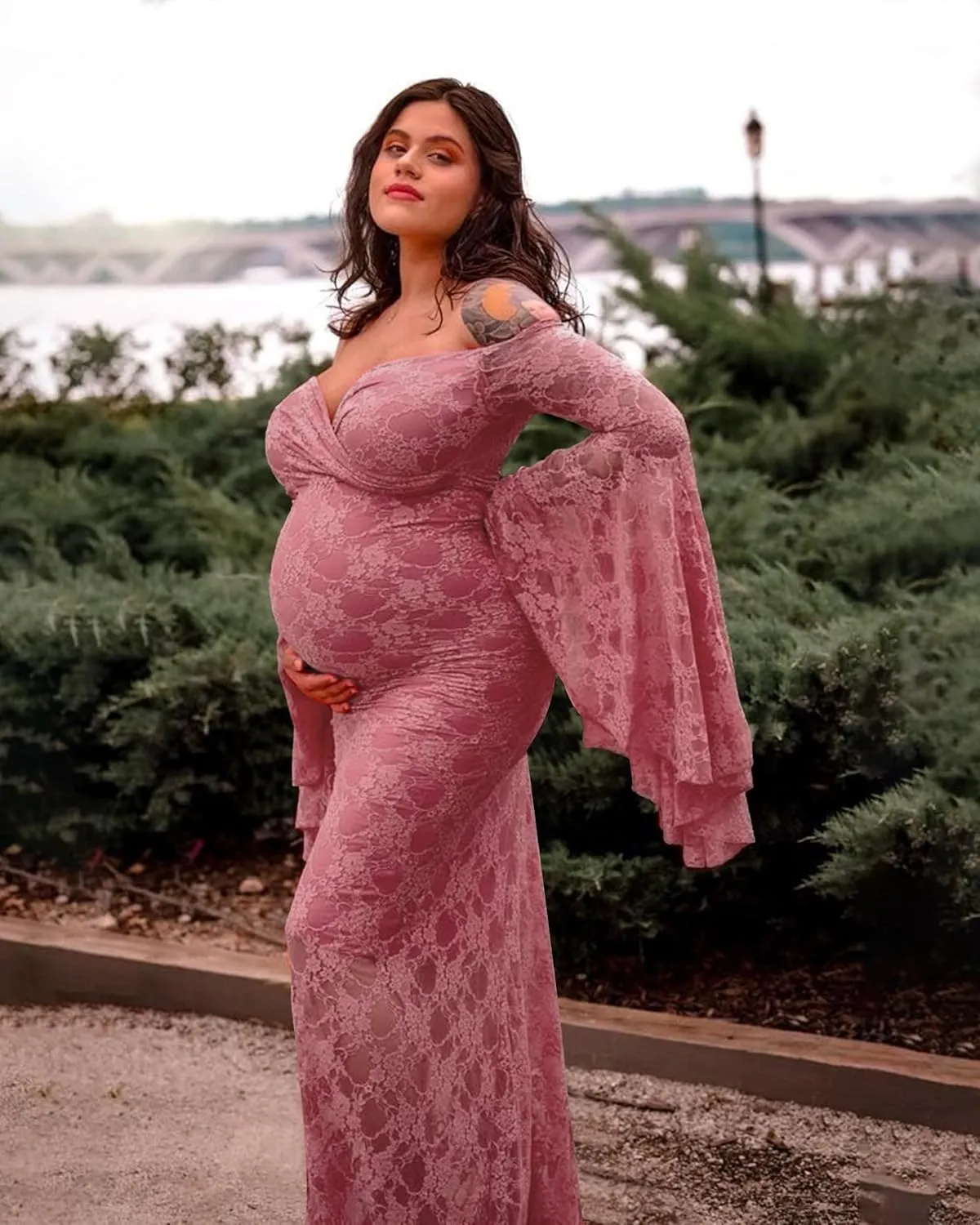 Saslax Off Shoulder Lace Maternity Dress for Photography Maxi Maternity Props Dresses for Photo Shoot Baby Shower