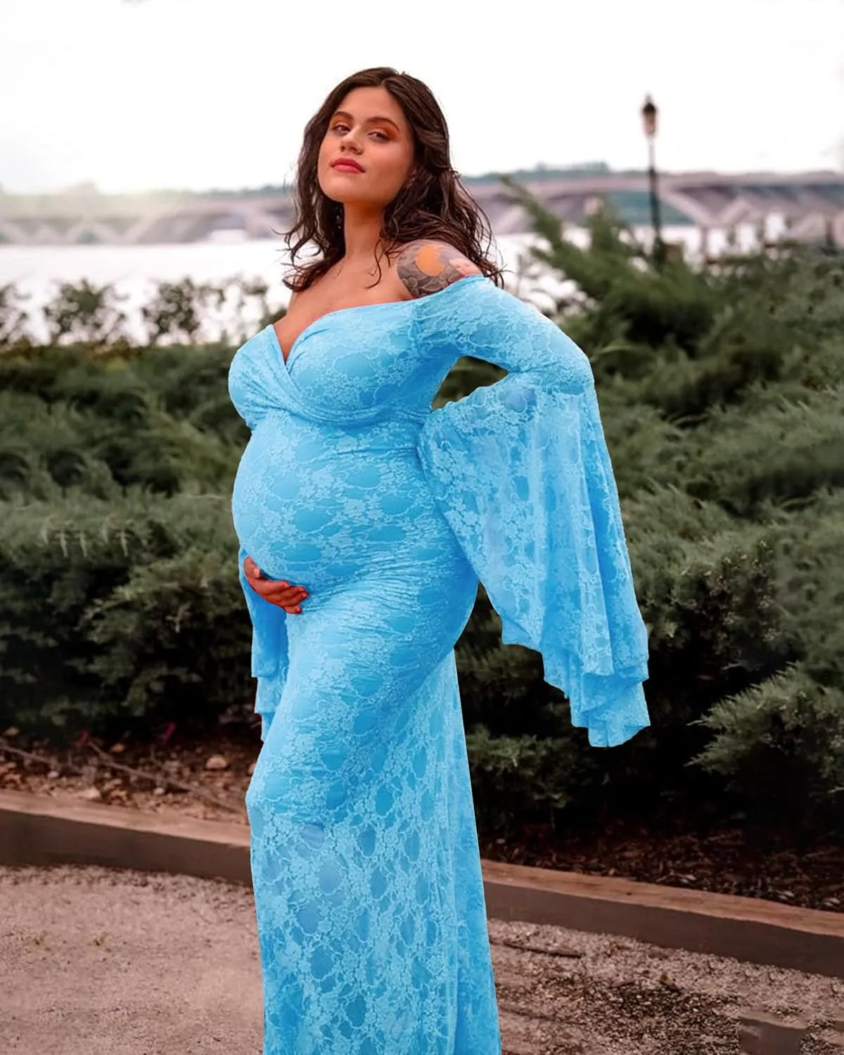 Saslax Off Shoulder Lace Maternity Dress for Photography Maxi Maternity Props Dresses for Photo Shoot Baby Shower